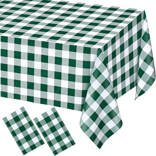 WNINK 2 Pack Green and White Checkered Rectangular Plastic Tablecloths, Green Gingham Waterproof Disposable Table Covers 54" x 108" for Birthday, Wedding, Outdoor Picnic Camping Parties