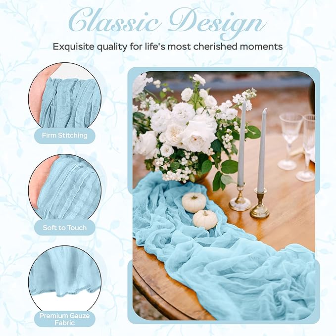 Cheesecloth Table Runner 3 Pack – 35x120 Inch (10ft) Boho Rustic Gauze Cloth Runners – Crinkle Polyester Table Decor for Wedding, Baby Shower, Bridal Shower, Birthday Party and More (Sky Blue)