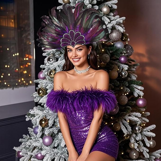 Women's Carnival Feather Headpieces Sequin Headdress for Wedding Masquerade Party Cosplay Feather Headbands