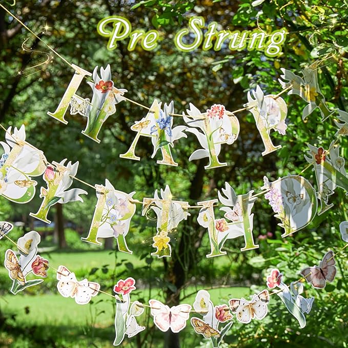 Sunbeauty Wildflower Butterfly Happy Birthday Banner Garden Party Decoration Floral Birthday Decorations for Women Girl Spring Summer Birthday Baby Shower Supplies | Pre-Strung