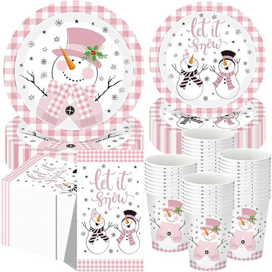 250 Pcs Christmas Snowman Paper Plates and Napkins Party Supplies Pink White Buffalo Plaid Winter Disposable Tableware Set for Christmas Winter Holiday Xmas Party Decoration