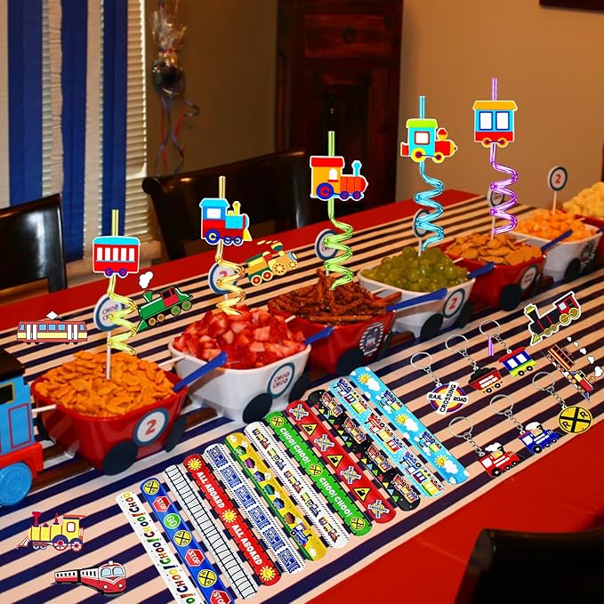 Train Party Favors 122PCS Slap Bracelets DIY Stickers Drinking Straw Keychains Pull-back Vehicle for People Car Theme Birthday Party Car Theme Birthday Party