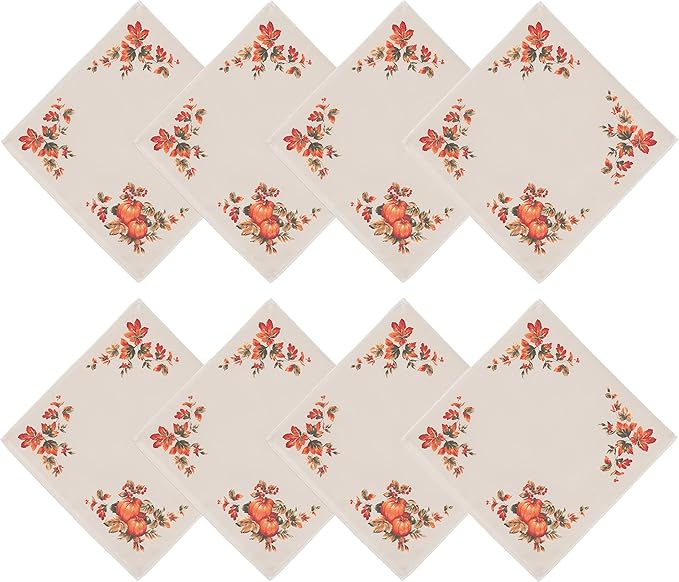 Lintex Thanksgiving Traditions Autumn Harvest Fabric Napkins, Set of 8, Pumpkin Patch and Fall Leaves Border, Easy Care Thanksgiving Fabric Napkin Set