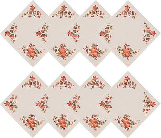 Lintex Thanksgiving Traditions Autumn Harvest Fabric Napkins, Set of 8, Pumpkin Patch and Fall Leaves Border, Easy Care Thanksgiving Fabric Napkin Set