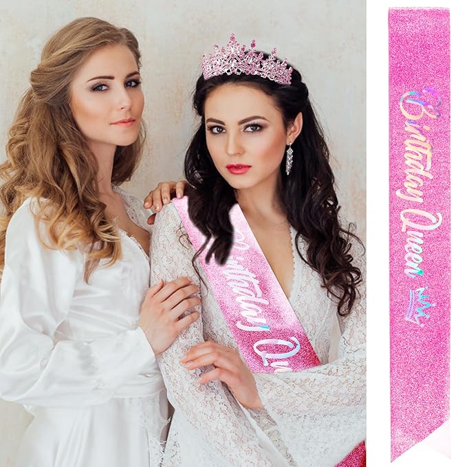 VELSCRUN Birthday Queen Tiara Crowns for Women Girls Pink Crystal Birthday Queen Headband Sash Elegant Princess Crown Happy Birth Party Decorations Mom Sisters Birth Gift Hair Accessories