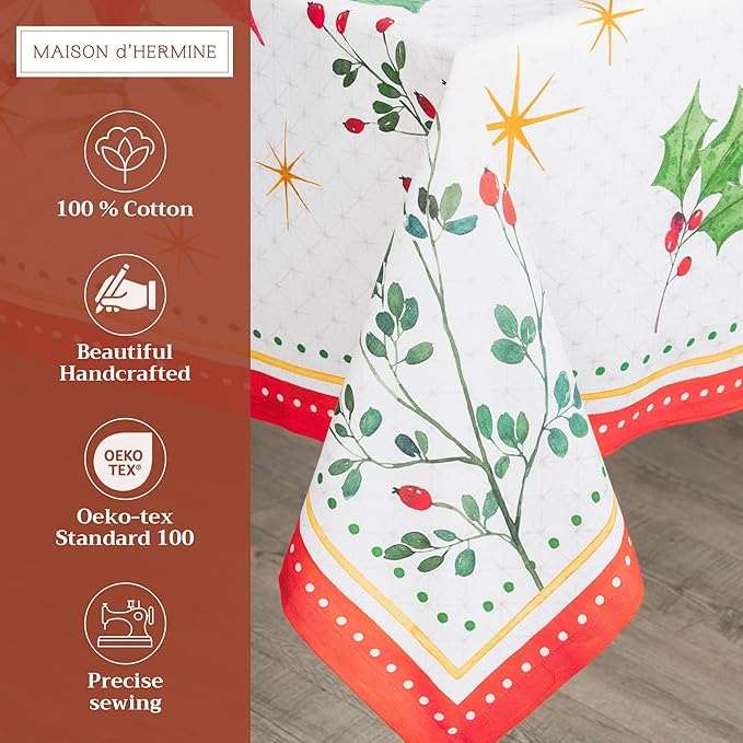 Maison d' Hermine Table Cloth Square Table 100% Cotton 54 x 54 Inches Fall Tablecloth Reusable Everyday Use for Thanksgiving Christmas Decorations Dining Farmhouse Party (Poinsettia Christmas)