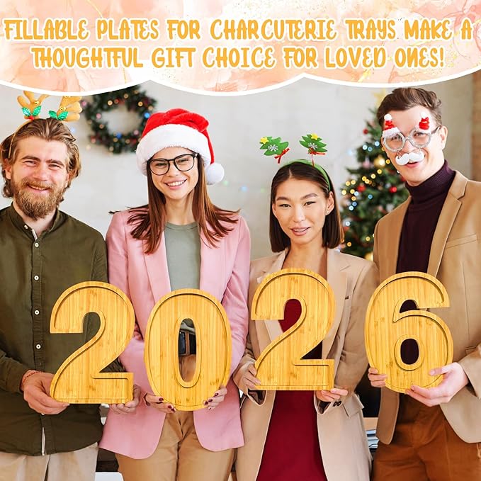 4 PCS 2026 Charcuterie Boards Wooden Numbers Fillable Boxes Reusable Christmas Serving Tray for Party Tabletop Decoration Fruits Platters Dish Plates for Birthday Wedding 2026 New Year Holiday Supply