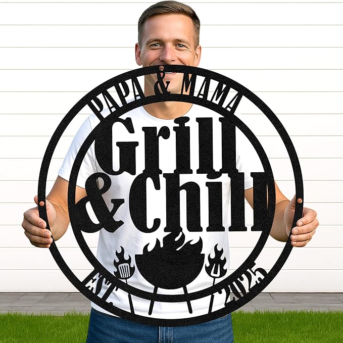 Custom BBQ Metal Sign Personalized Grill Name Wall Art for Outdoor Kitchen Patio Backyard Decor Fathers Gift for Dad Grandpa Husband Barbecue Smoker Area Sign, Grilling Lover Gifts 52