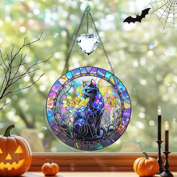 Galaxy Cat Stained Glass Suncatcher, Mystical Gothic Halloween Decoration, Butterfly Sun Catcher Window Hanging, Celestial Crystal Ornament, Halloween, Autumn Spooky Gift for Cat Lovers, Women, Mom
