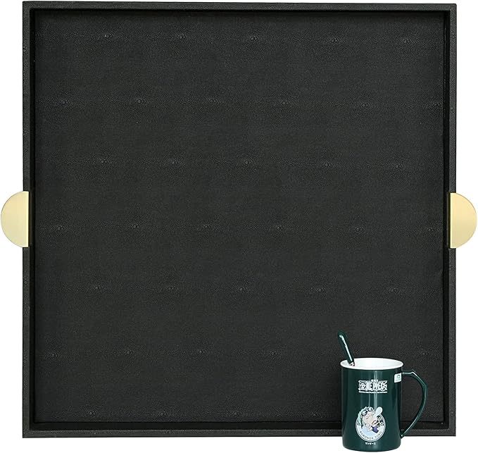 HofferRuffer Extra Large Square Serving Tray, Elegant Faux Leather Ottoman Tray with Gold Hardware Handles, Serve Tea, Coffee or Breakfast in Bed, 23.6 x 23.6 inches, Black Large Square