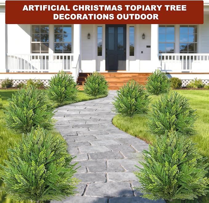 Mixed Branches - 2 Pack 24" Artificial Christmas Topiary with Spike Lifelike Norfolk Pine Cypress Tips Fake Ball Bush Plants Christmas Pot Fillers Front Porch Door Garden Indoor Outdoor decorations