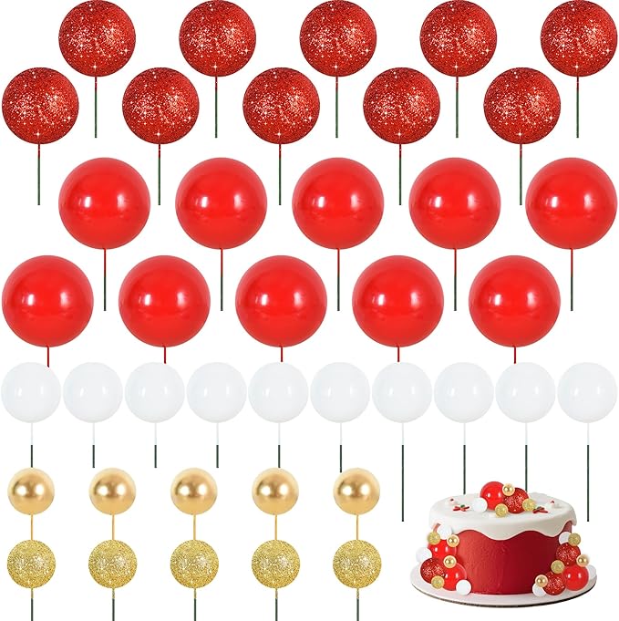 BEISHIDA 40 pcs Foam Ball Shaped Cake Toppers with Sticks Perfect for Birthday Party Baby Shower Christmas Party Decor Wedding Anniversary Chinese New Year(Red, Gold, White)