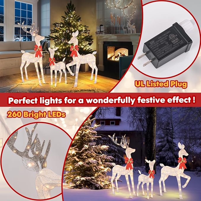 3-Piece Reindeer Outdoor Christmas Decorations, 5FT Large Pre-lit Christmas Deer Family Set, 3D Outside Holiday Yard Decoration with 260 Bright LED Lights, Stakes, Zip Ties - White