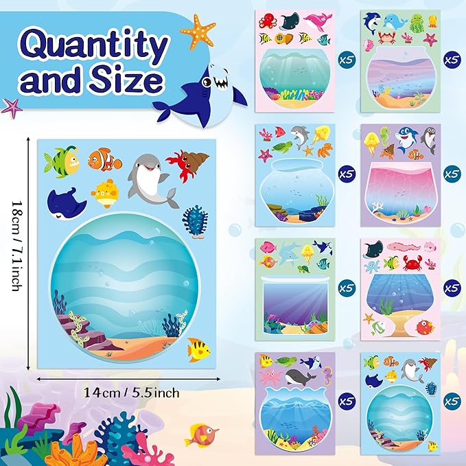 CY2SIDE Ocean Animal Face Sticker - 40PCS Summer Sea Animal Aquarium Scene Make a Face Sticker Sheets for Kids Make Your Own Under The Sea Fish Tank Scene Craft Games for Kids Classroom Activities
