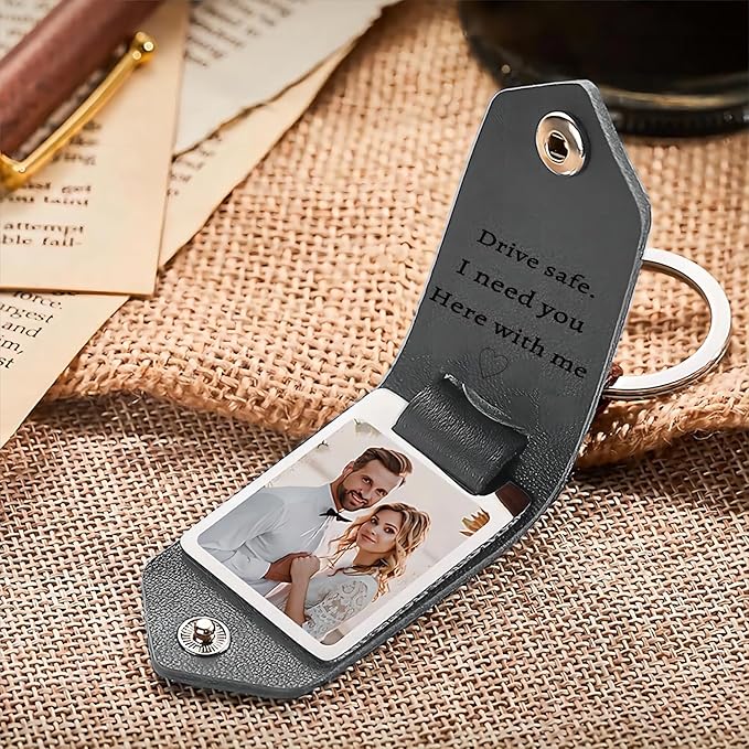 Personalized Photo/Text Leather Keychain for Men Womens Custom Picture Key Chains Memorial Gifts for Family Lover
