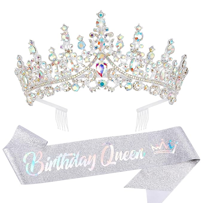 VELSCRUN AB Silver Crystal Birthday Queen Tiara Crowns for Women Girls Birthday Queen Headband Sash Elegant Princess Crown with Combs Hair Accessories Happy Birth Party Decorations Mom Gift