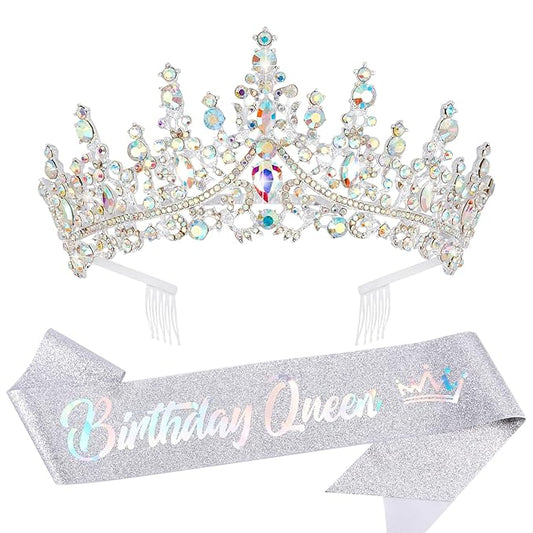 VELSCRUN AB Silver Crystal Birthday Queen Tiara Crowns for Women Girls Birthday Queen Headband Sash Elegant Princess Crown with Combs Hair Accessories Happy Birth Party Decorations Mom Gift