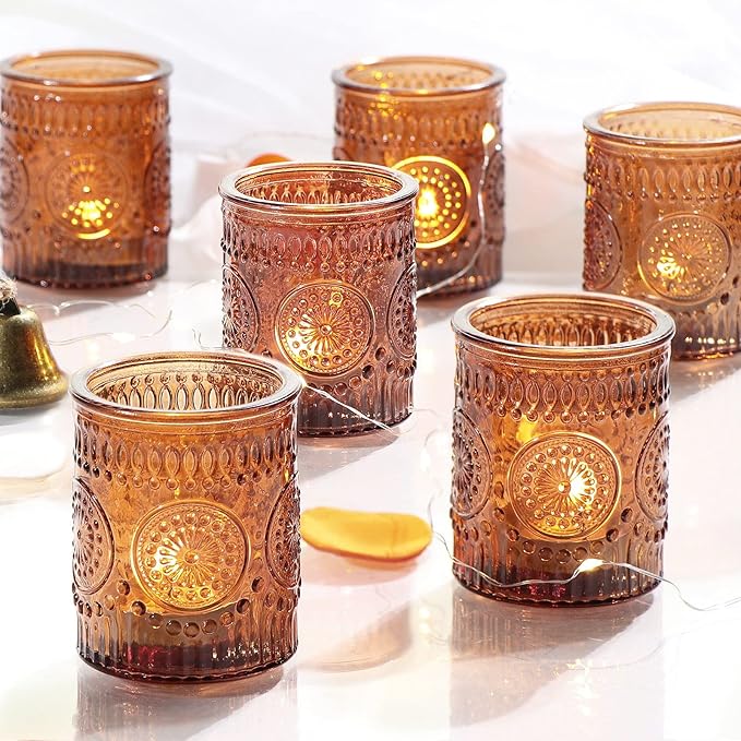 DEVI 24pcs Vintage Amber Votive Candle Holders, Amber Glass Tea Lights Candle Holder for Baby Shower, Boho Wedding Decorations, Vintage Boho Party Home Fall Centerpieces Table Decoration