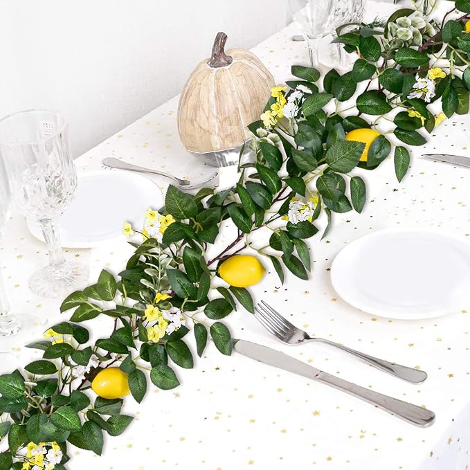 U'Artlines 2Pcs Total 12 Ft Artificial Lemon Garland Spring Summer Faux Fruit Vine Garlands with Greenery for Door Wall Mantle Wedding Party Table Decorations