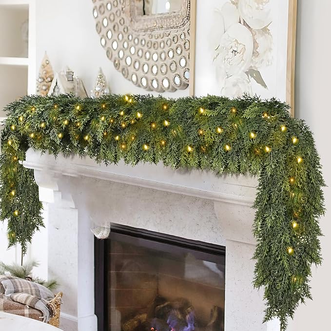 9FT Thick Pre-lit Christmas Garlands with 240 Cedar Branches, 50 Lights, Green Cedar Garland for Christmas Decorations, Artificial Greenery Garland for Table Mantle Wall Indoor Outdoor Holiday Decor