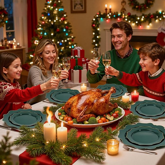 WDF 175Pcs Green Plastic Plates - Green Plates Disposable with Gold Rim - Christmas Plastic Plate - Fancy Disposable Dinnerware Sets 25 Guests Ideal for Christmas/Party/Wedding