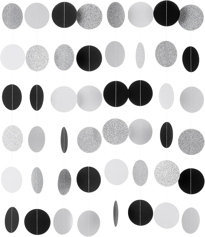 Black White Silver Glitter Paper Garland Circle Dot Streamer Banner for Graduation Bridal Shower Wedding Birthday Party Decorations, 2.5" in Diameter, 20 Feet in Total