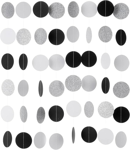Black White Silver Glitter Paper Garland Circle Dot Streamer Banner for Graduation Bridal Shower Wedding Birthday Party Decorations, 2.5" in Diameter, 20 Feet in Total