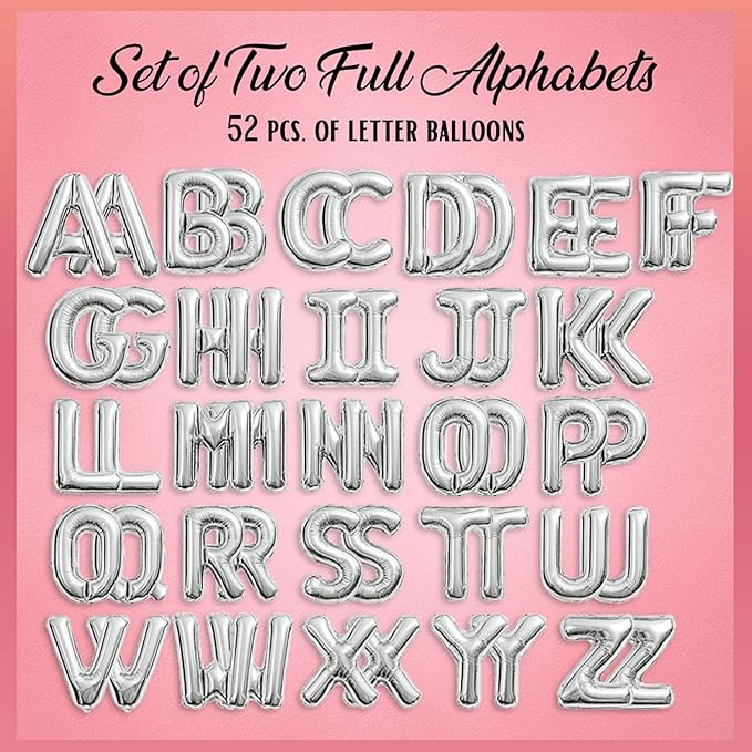 [52pcs] Silver Letter Balloons - 2 Full A-Z Sets For Silver Letter Balloon Banner | Alphabet Ballons | 16 inch Foil Ballon | Customized Name Balloon Letters for a Birthday, Graduation, Wedding