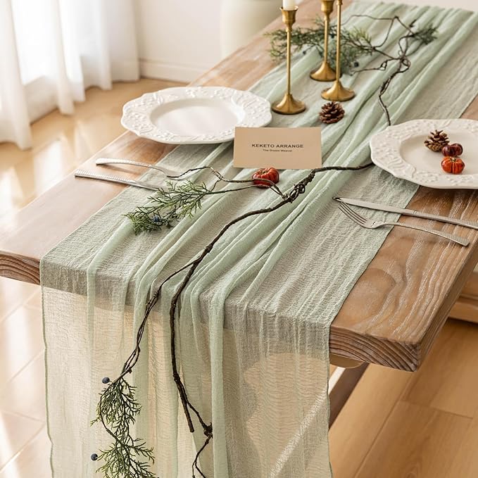 10pcs Cheesecloth Table Runner Sage Green Gauze 120 Inch 10 FT Rustic Boho Cheese Cloth Runner for Wedding Baby Shower Bridal Shower Party Long Sheer Centerpiece Home Decoration