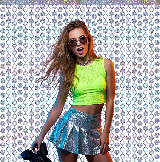 GOER Foil Curtain Backdrop for Birthday Party | Metallic Tinsel Photo Booth Props for Bachelorette Party | New Year Eve,Graduation Party Decorations (Silver Disco Ball, 2 Count (Pack of 1))