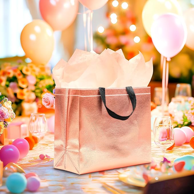 KeerxunBag 12Pcs Reusable Gift Bags（Includes Tissue Paper） Gift bag with handle Birthdays Parties Holidays Weddings Medium 13x5x11in Rose Gold Bags