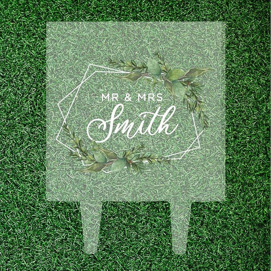 Andaz Press Modern Geometric Greenery Custom Wedding Cake Topper, Acrylic Square Personalized Couple Cake Topper