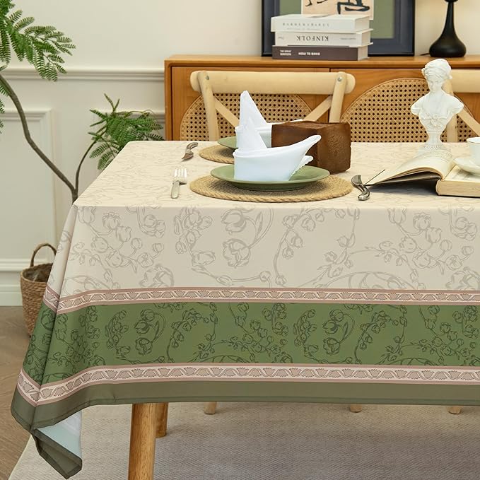 Green Floral Toile Tablecloth Waterproof- Rectangular Vintage Table Cover for Kitchen Parties Coffee Tables, Boho Table Cloth Perfect for Spring Home Decor, W60 x L84