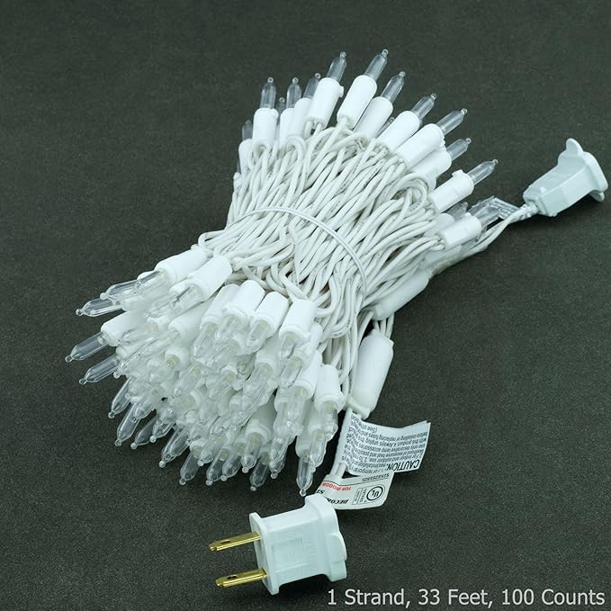 YULETIME Warm White LED Christmas Lights with White Wire, 33 ft 100 Count UL Certified Commercial Grade Holiday String Light Set (Warm White - White Wire)