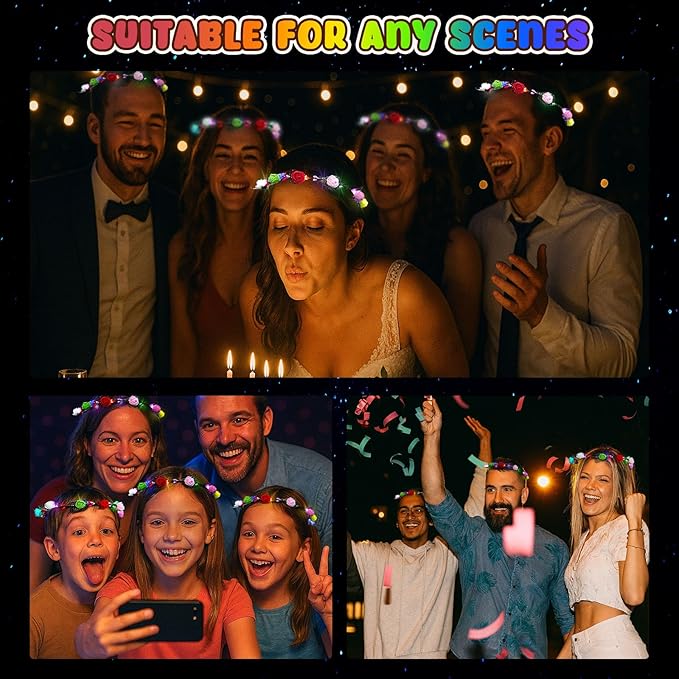 LovesTown 24PCS LED Flower Crowns Headbands Christmas Party, Light Up Flower Crowns For Women, Glow in the Dark Party Supplies for New Year Raves Birthday Wedding Favors Cosplay