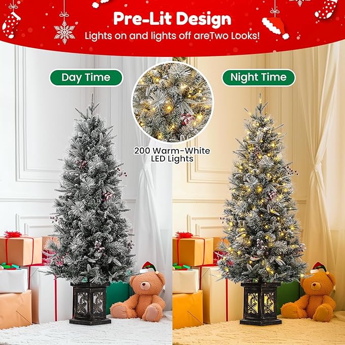 GarveeHome 4.5ft Prelit Christmas Trees with 200 Warm Lights & 20 Clusters Red Berry, Artificial Potted Xmas Tree with 8 Light-Modes, Snowflake Base, Holiday Decor, 2 PCS