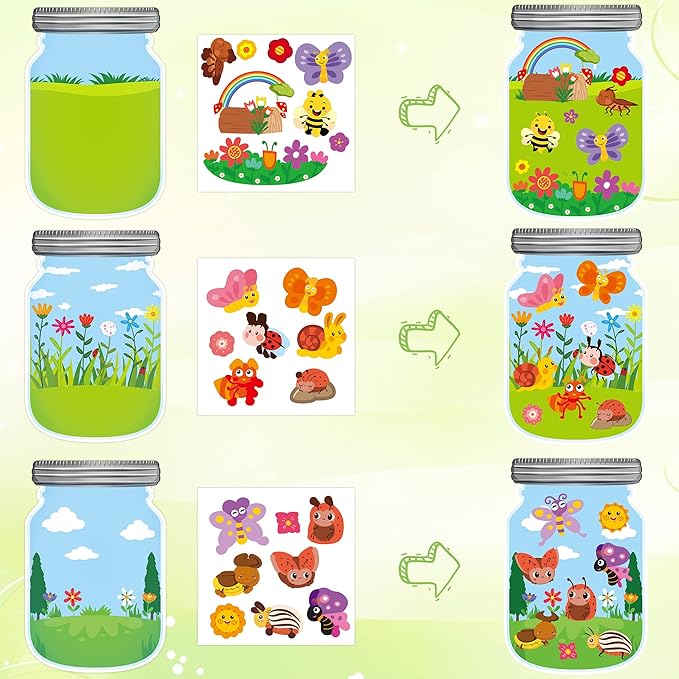 CY2SIDE 12PCS Summer Bugs Stickers Scene for Kids, Make A Bug Jar Sticker Scene with Butterfly Bee Ladybug Flower, Make Your Own Insect Stickers with Jar Scene, DIY Summer Party Games Class Activities