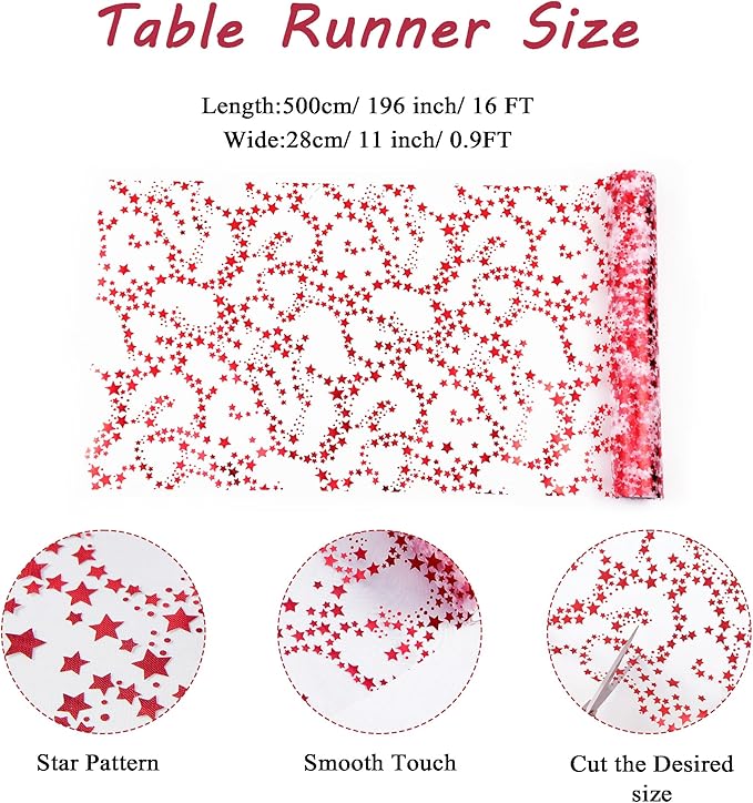 YATOJUZI Red Tulle Table Runner,16 Ft Star Sheer Chiffon Table Runner,Sequin Glitter Metallic Foil Red Table Decorations Centerpiece for Wedding Birthday Christmas Party