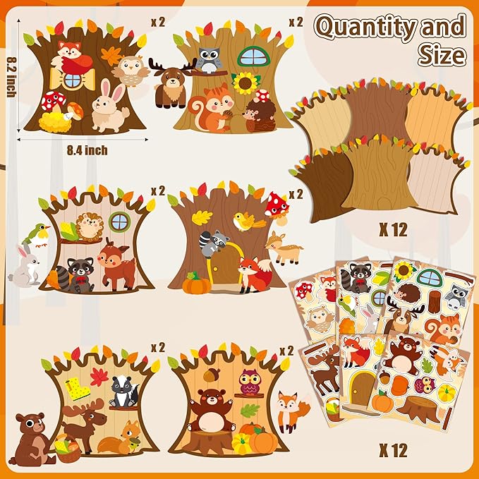CY2SIDE 12 Sets Fall Woodland Animal Scene Sticker Art Craft for Kids, Make A Fall Woodland Scene with Fox Pumpkin Sticker, DIY Autumn Party Games for School Classroom Activities