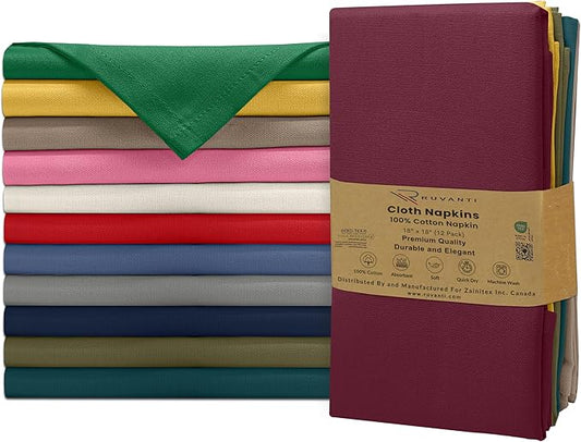 Ruvanti Premium Cloth Napkins Set of 12, 18x18 Inches, 100% Cotton, Washable, Soft & Absorbent, Perfect for Wedding, Christmas, ‎Thanksgiving Dinners - Multi Colors