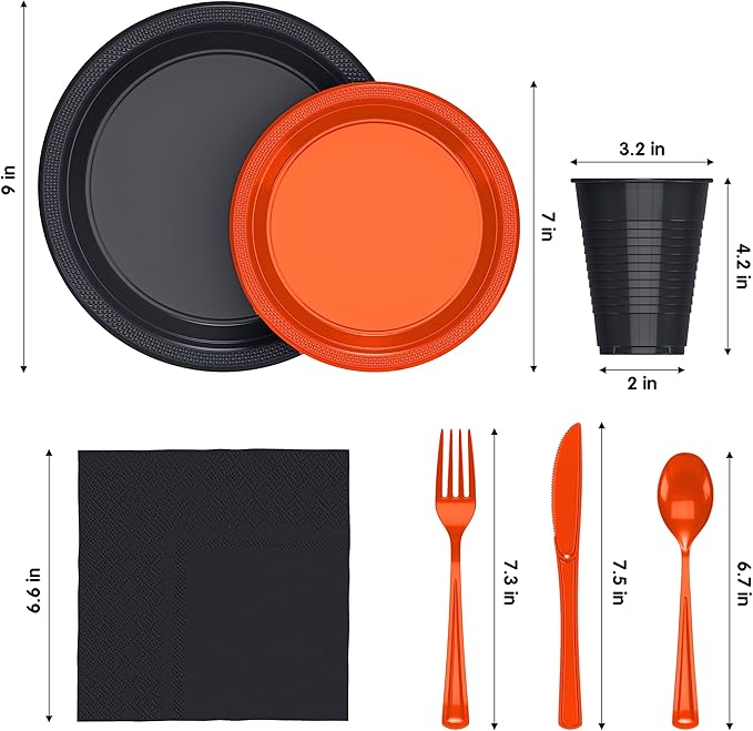 350 Pcs Orange & Black Plastic Plates For Party, Orange & Black Disposable Plates Set, 50 Of Each 9" Dinner Plate Set, 7" Dessert Plate, Cups, Napkins & Cutlery Plastic Dinnerware Party Solids