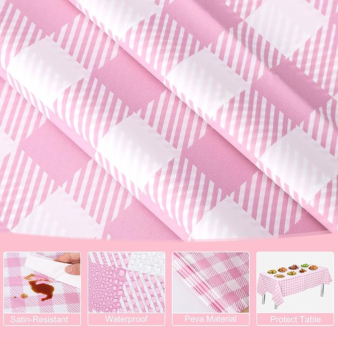 12 Pack Pink Gingham Tablecloth, 54 X 108Inch Plastic Pink Table Checkered Tablecloth Waterproof Pink and White Spring Checkered Tablecloths for Mothday’s Day Picnic Birthday Barbecue Parties