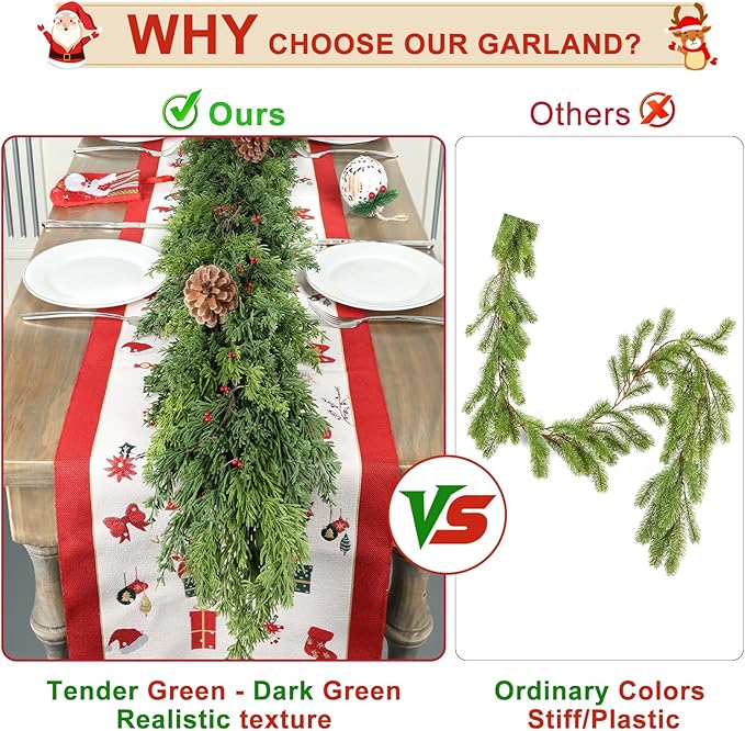 6 Ft Real Touch Christmas Garland Indoor with Pine Cone,Thick and Lush，Soft Bendable Mantle Garland Christmas, Lifelike Cedar Garland, Christmas Garland for Mantle,Indoor Christmas Decorations