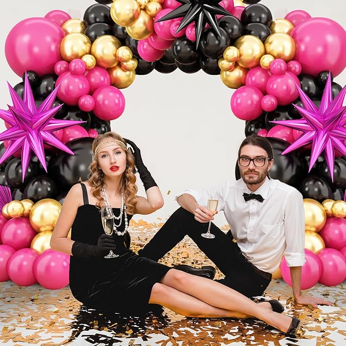 Hot Pink Black Balloon Arch Kit,Balloon Garland with Black Hot Pink Star Foil Balloons Metallic Gold Balloons for Birthday Baby Shower Wedding Engagement Anniversary Party Decorations