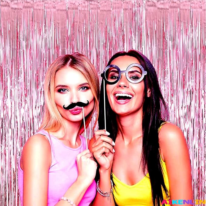 4 Pack Pink Foil Fringe Curtain Backdrop, 3.2Ft x 9.8Ft Metallic Tinsel Foil Fringe Streamers Curtains for Party, Photo Booth Props, Birthday, Wedding, Christmas Party Decoration Supplies