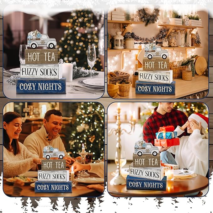 4 Pcs Christmas Table Decorations Wooden Snowflake Truck Decor Winter Tiered Tray Decor Christmas Centerpiece Rustic Decorative Truck Block Sign Gift Farmhouse for Home Kitchen Shelf