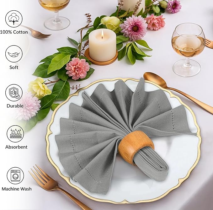 Ruvanti Cloth Napkins - 100% Cotton Dinner Napkins, Hem Stitched Corners, 18x18 Inch, 12 Pack - Soft, Absorbent, Durable, Reusable, Wrinkle Resistant for Formal Dining & Everyday Use - Wild Dove