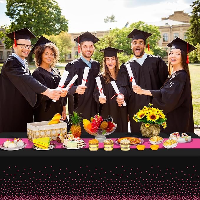 6Pcs Black Hot Pink Tablecloth Party Decorations,Plastic Black Table Cloth Printed Hot Pink Table Runner Disposable Rectangle Cover for Birthday Wedding Anniversary Graduation Party,54x108 Inch