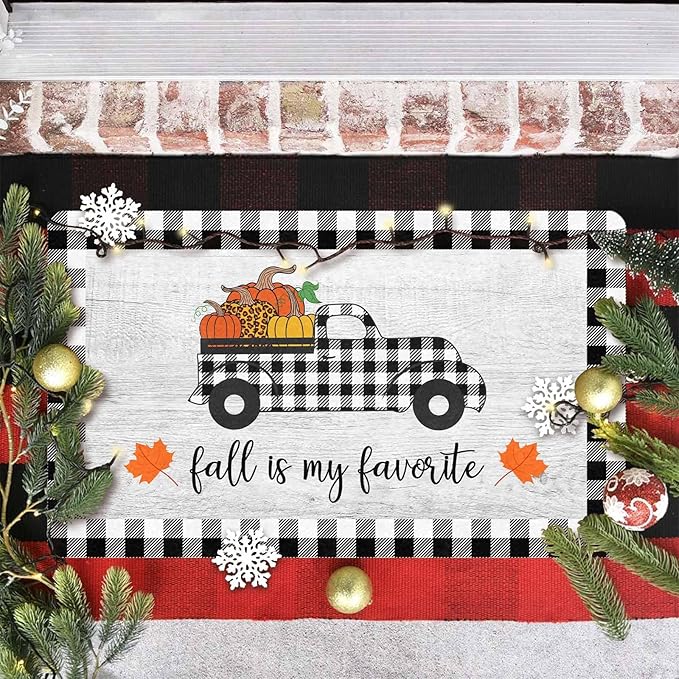 InterestPrint Thanksgiving Welcome Doormat, Fall Truck Harvest Pumpkin Doormat for Front Door Outdoor Outside Entrance Porch Non Slip Rubber Rug Autumn Thanksgiving Farmhouse Decor, 30"x18"inch