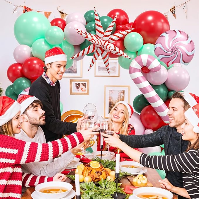 Christmas Balloon Arch Garland Kit,120PCS Christma Pastel Pink Green Balloons, Candy Crutch Gingerbread Foil Ballons for MerryChristmas Party Decorations Party Supply Birthday,Baby Shower